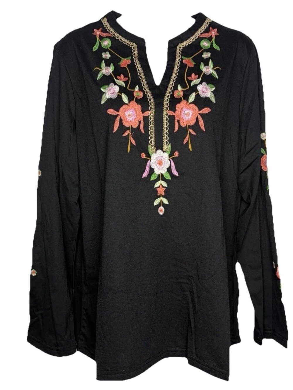 Bohemian Hippie Long Sleeve Tunic Top Shirt Size L Black Floral Embroidered